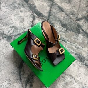 Bottega Veneta  Heeled Sandals with Gold Buckles (Fondant)